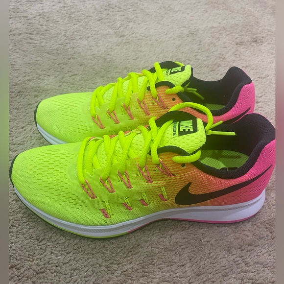 Nike Zoom Pegasus 33 Neon Yellow and Pink Sneakers - Picture 1 of 7